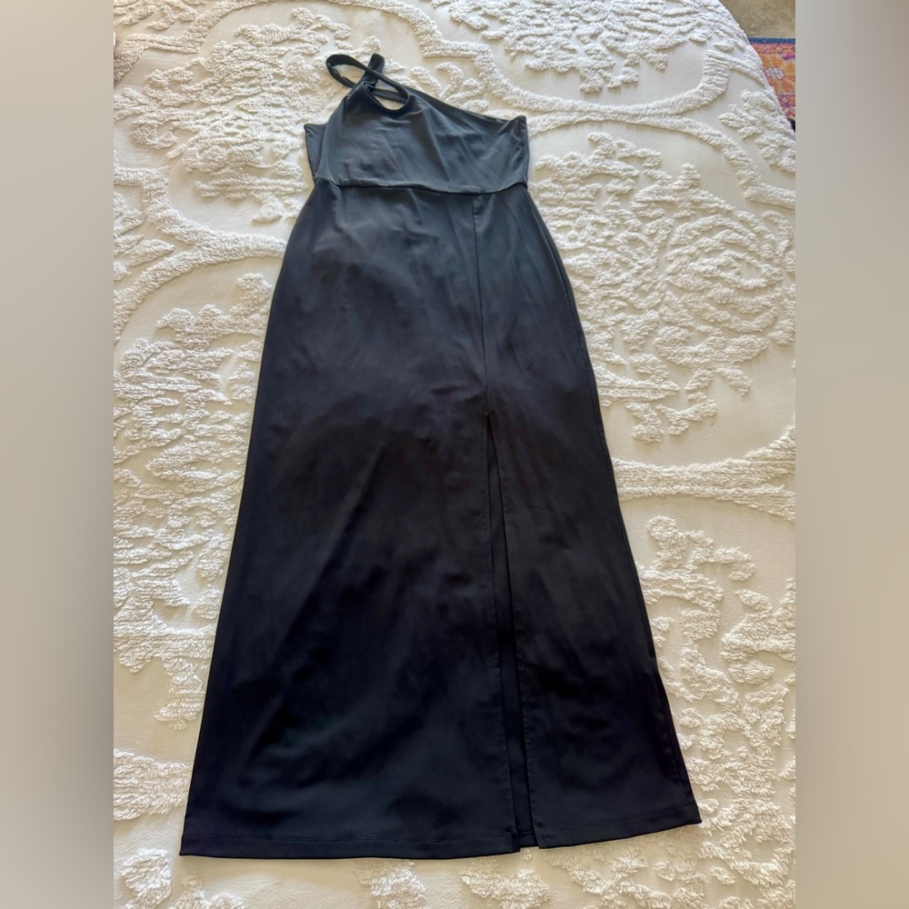 NWT H&M RECYCLED POLY JERSEY ASYMMETRICAL BLK COLUMN DRESS SIZE MED